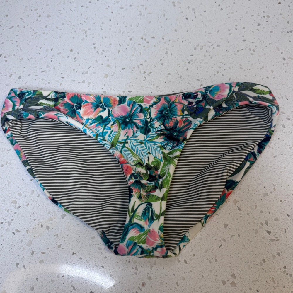 Prana Reversible Bikini Bottoms Tropical Floral Striped‎ Olive Green Small S